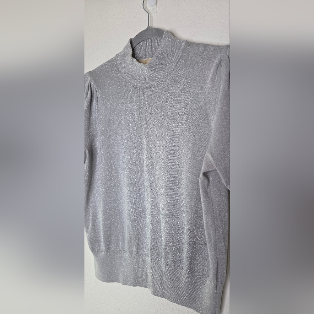 Michael Kors Metallic Silver Mock Neck Short-Sleeve Sweater - Size Large - Picture 7 of 15